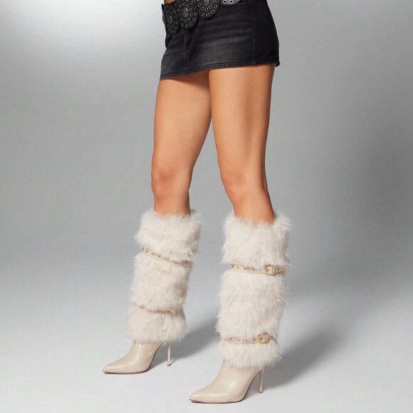 Beige Casual Women's Furry faux fur Pointed Stiletto Boots - Picture 3 of 7